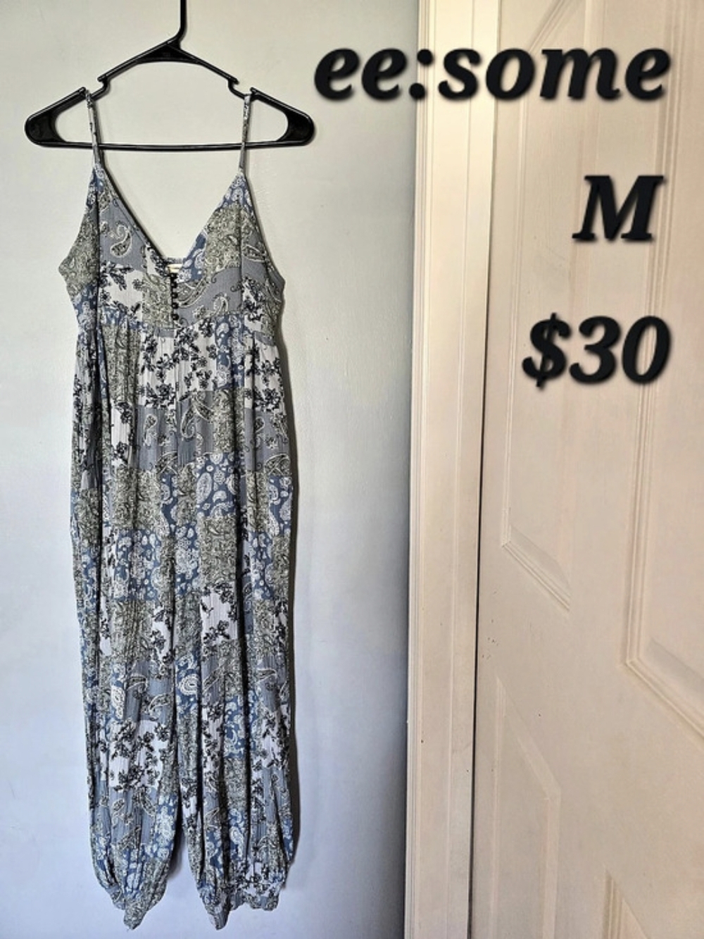 ee:some Mineral Washed Paisley Printed Jumpsuit Blue & Gray Medium